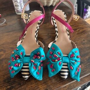 Betsey Johnson Striped Heels with Teal Bows and Pink Straps